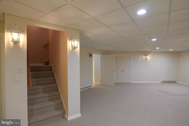 4027 Trego Mountain Rd, Keedysville, MD 21756 - finished below grade area with a baseboard radiator, recessed lighting, carpet flooring, a paneled ceiling, and stairs
