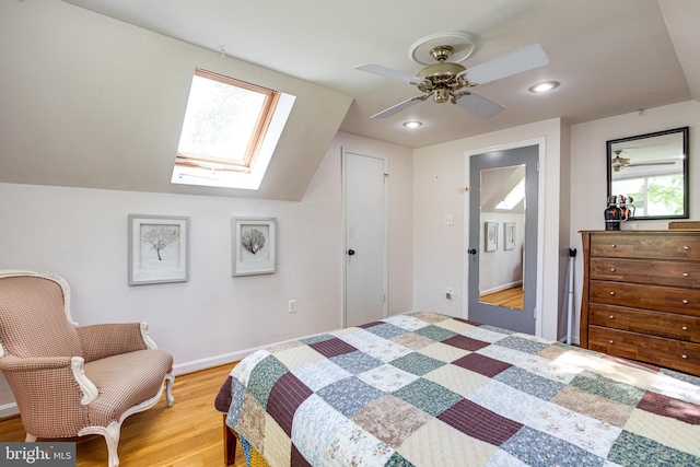 5518 Kempton Dr, Springfield, VA 22151 - bedroom featuring a skylight, light wood-style flooring, a ceiling fan, recessed lighting, and baseboards