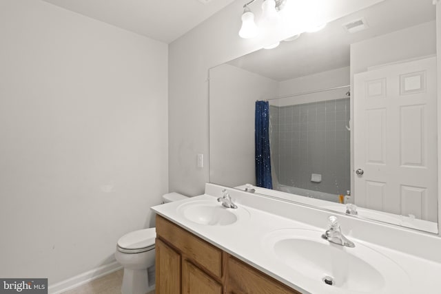 30 Ivy Spring Ln, Fredericksburg, VA 22406 - bathroom with toilet, double vanity, baseboards, tile patterned floors, and shower / tub combo with curtain