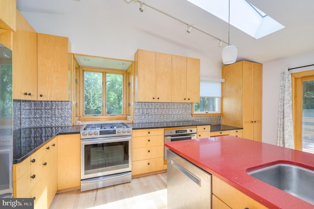 1104 Milroy Ct, Winchester, VA 22601 - kitchen featuring stainless steel appliances, track lighting, a skylight, light wood-style flooring, and tasteful backsplash