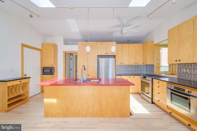 1104 Milroy Ct, Winchester, VA 22601 - kitchen featuring appliances with stainless steel finishes, rail lighting, a skylight, vaulted ceiling, and dark countertops