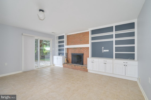 1104 Milroy Ct, Winchester, VA 22601 - unfurnished living room with built in shelves, light tile patterned flooring, and a brick fireplace