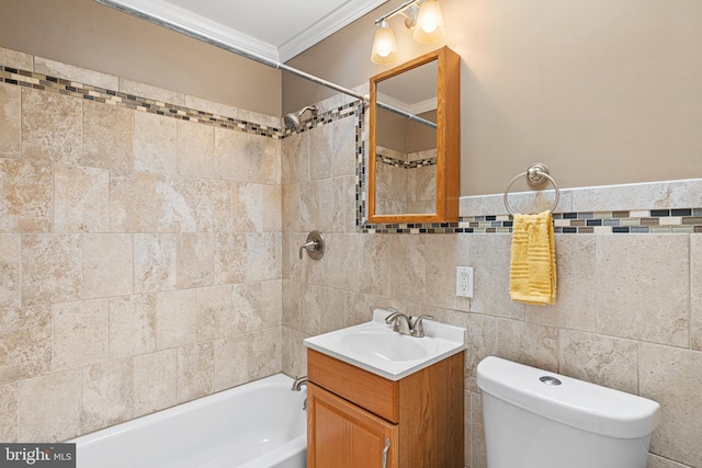 7164 Walker St, Philadelphia, PA 19135 - full bathroom featuring vanity, ornamental molding, bathtub / shower combination, toilet, and tile walls