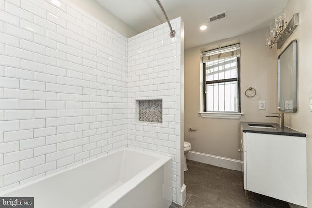 1419 Clifton St NW Unit 101, Washington, DC 20009 - full bathroom with toilet, vanity, baseboards, shower / washtub combination, and recessed lighting