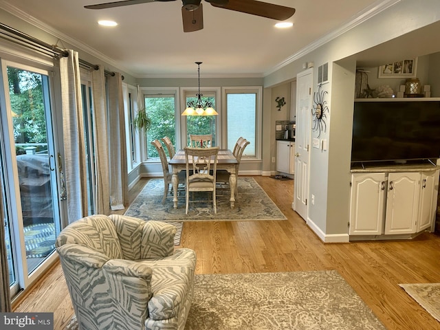 569 Highbank Rd, Severna Park, MD 21146 - dining room with ceiling fan, ornamental molding, light wood finished floors, baseboards, and recessed lighting