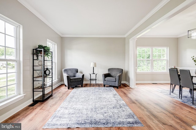 857 Barcelona St, Townsend, DE 19734 - sitting room with plenty of natural light, light wood-type flooring, crown molding, baseboards, and decorative columns