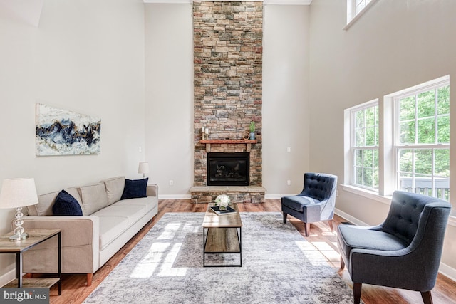 857 Barcelona St, Townsend, DE 19734 - living room with a towering ceiling, wood finished floors, a fireplace, and baseboards