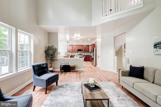 857 Barcelona St, Townsend, DE 19734 - living area with a high ceiling, light wood-type flooring, and baseboards