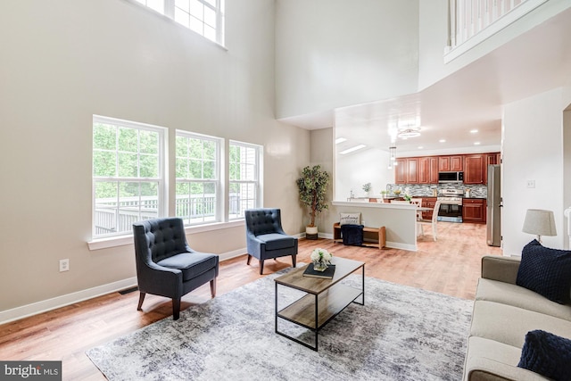 857 Barcelona St, Townsend, DE 19734 - living area featuring a high ceiling, healthy amount of natural light, light wood-style floors, and baseboards