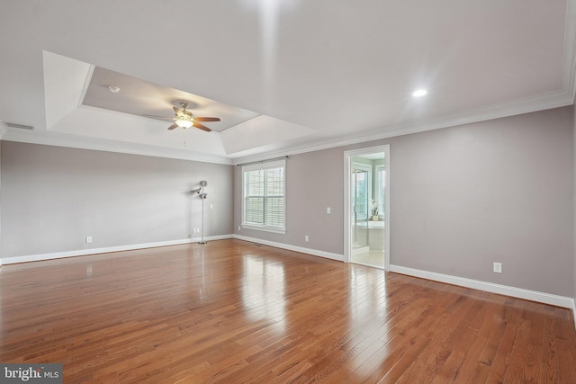 20677 Erskine Ter, Ashburn, VA 20147 - unfurnished room with ceiling fan, baseboards, crown molding, wood finished floors, and a tray ceiling