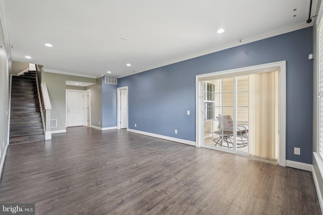 20677 Erskine Ter, Ashburn, VA 20147 - unfurnished living room with dark wood finished floors, baseboards, recessed lighting, stairs, and crown molding