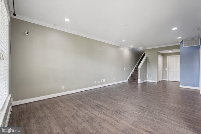 20677 Erskine Ter, Ashburn, VA 20147 - unfurnished living room with ornamental molding, baseboards, recessed lighting, stairs, and dark wood-type flooring