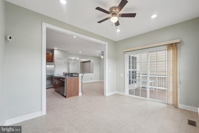 20677 Erskine Ter, Ashburn, VA 20147 - unfurnished living room featuring ceiling fan, a sink, baseboards, recessed lighting, and light tile patterned floors