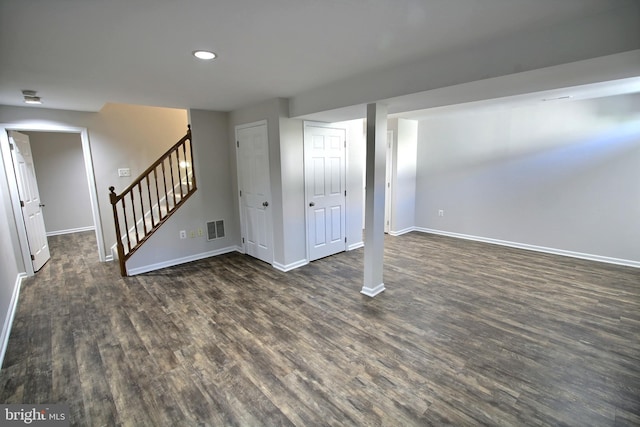 813 Pointer Ridge Dr, Gaithersburg, MD 20878 - finished below grade area featuring baseboards, dark wood finished floors, stairway, and recessed lighting