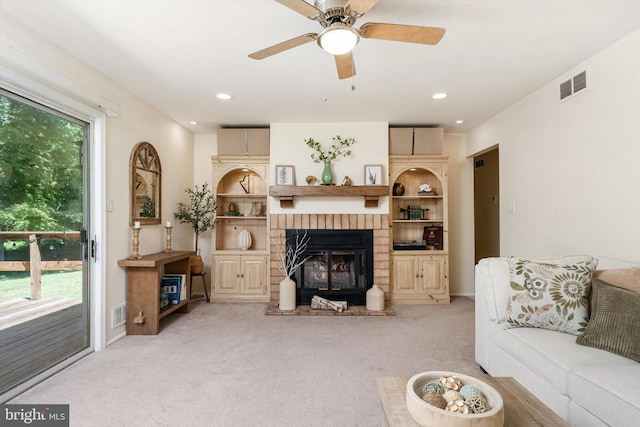 8 Crestwood Dr, Hamilton, NJ 08690 - living room featuring a brick fireplace, light colored carpet, a ceiling fan, recessed lighting, and baseboards