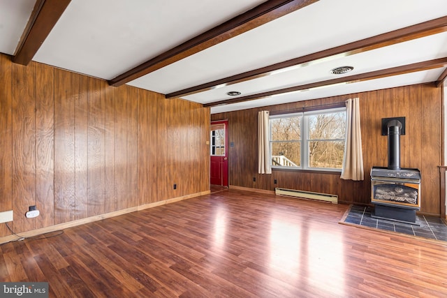 18000 Davis Ln, Boonsboro, MD 21713 - unfurnished living room with a baseboard radiator, beam ceiling, wood finished floors, wood walls, and a wood stove