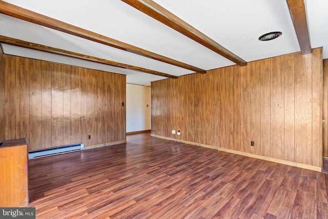 18000 Davis Ln, Boonsboro, MD 21713 - unfurnished living room with a baseboard radiator, beamed ceiling, wooden walls, and wood finished floors