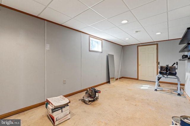 18000 Davis Ln, Boonsboro, MD 21713 - below grade area with baseboards, a drop ceiling, recessed lighting, and ornamental molding