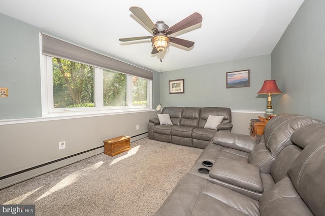 5330 Birney Hwy, Aston, PA 19014 - living area featuring a ceiling fan, carpet floors, a baseboard radiator, and a baseboard heating unit