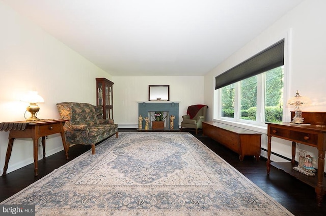 5330 Birney Hwy, Aston, PA 19014 - living area with dark wood-type flooring, a baseboard radiator, a baseboard heating unit, and baseboards