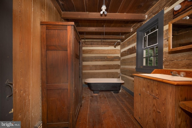 5143 S Middle Rd, Mount Jackson, VA 22842 - bathroom with hardwood / wood-style floors, wood walls, wooden ceiling, a freestanding bath, and vanity
