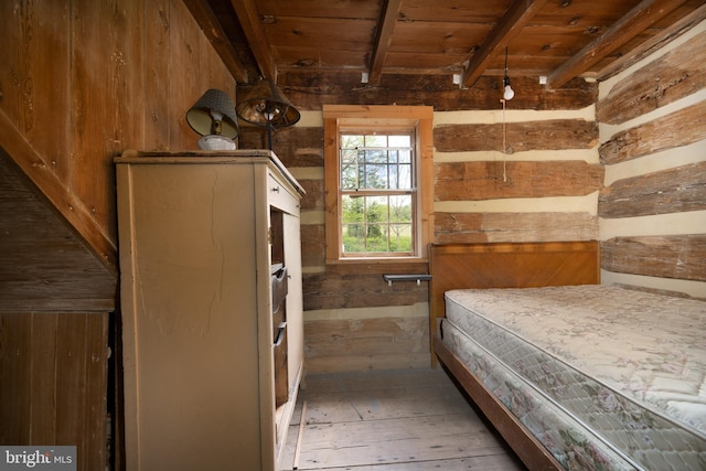 5143 S Middle Rd, Mount Jackson, VA 22842 - unfurnished bedroom featuring wooden walls, wood ceiling with exposed beams, and light wood finished floors