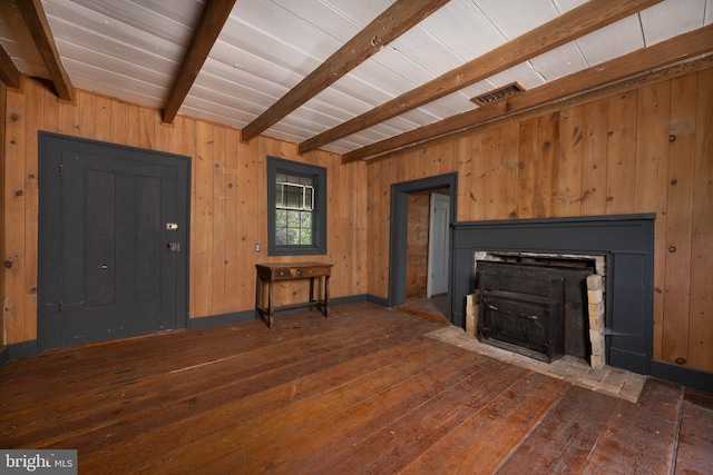 5143 S Middle Rd, Mount Jackson, VA 22842 - unfurnished living room with wooden walls, a fireplace, wood-type flooring, wooden ceiling, and baseboards