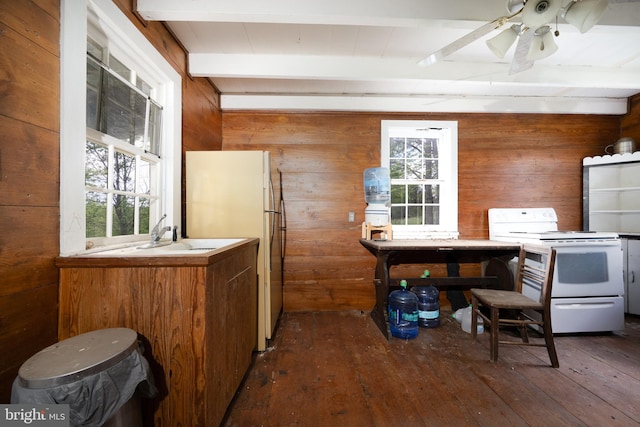 5143 S Middle Rd, Mount Jackson, VA 22842 - kitchen with white appliances, wood-type flooring, beamed ceiling, wood walls, and a ceiling fan