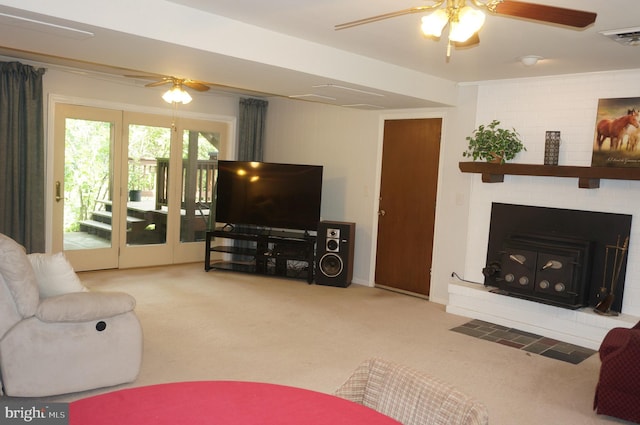 1331 Bradley Ave, Hummelstown, PA 17036 - carpeted living room featuring ceiling fan and a brick fireplace