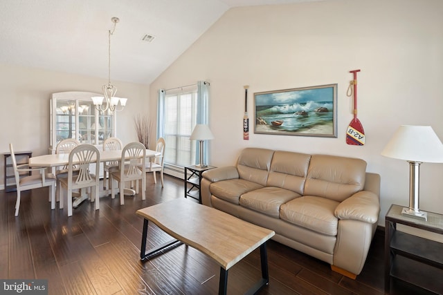 53 Stockport Dr, Toms River, NJ 08757 - living area with wood finished floors, a chandelier, high vaulted ceiling, and a baseboard heating unit