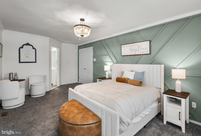 56 Thackery Ct, Sewell, NJ 08080 - bedroom with crown molding, dark colored carpet, a chandelier, baseboards, and a decorative wall
