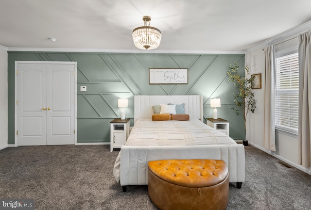 56 Thackery Ct, Sewell, NJ 08080 - carpeted bedroom featuring crown molding, a decorative wall, baseboards, and a chandelier
