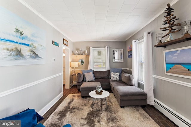 406 Myrtle St, Crisfield, MD 21817 - living area with a baseboard radiator, wood finished floors, ornamental molding, and baseboards
