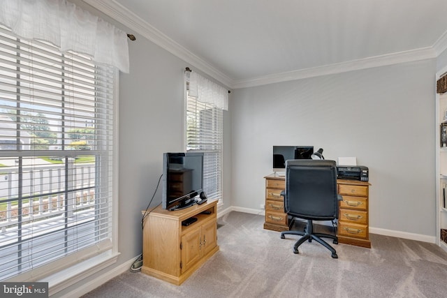 8314 Graceway Dr, Lorton, VA 22079 - home office featuring crown molding, light colored carpet, healthy amount of natural light, and baseboards