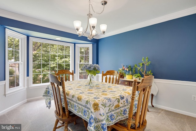 8314 Graceway Dr, Lorton, VA 22079 - dining room with a chandelier, carpet floors, baseboards, and crown molding