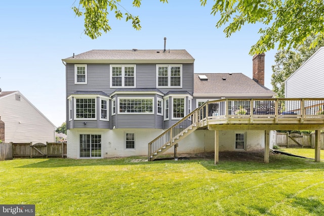8314 Graceway Dr, Lorton, VA 22079 - rear view of house featuring a wooden deck, stairway, roof with shingles, a chimney, and brick siding