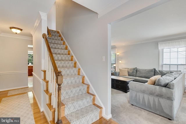 8314 Graceway Dr, Lorton, VA 22079 - staircase with plenty of natural light, crown molding, wood finished floors, and baseboards