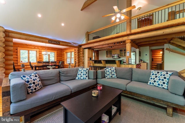 969 Hoyes Run Rd, Oakland, MD 21550 - living room with rustic walls, high vaulted ceiling, recessed lighting, a chandelier, and ceiling fan