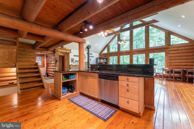 969 Hoyes Run Rd, Oakland, MD 21550 - kitchen with dishwasher, rustic walls, open shelves, light wood-style flooring, and light brown cabinets