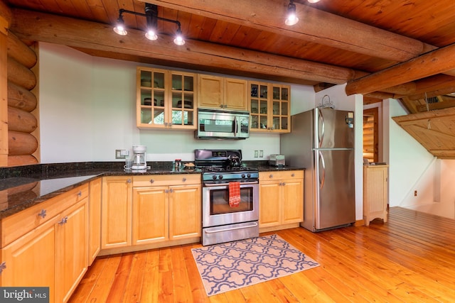 969 Hoyes Run Rd, Oakland, MD 21550 - kitchen with appliances with stainless steel finishes, light wood-style floors, log walls, wooden ceiling with exposed beams, and glass insert cabinets