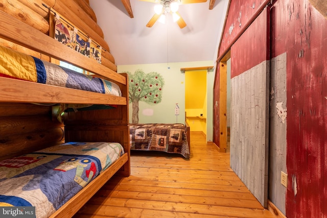 969 Hoyes Run Rd, Oakland, MD 21550 - bedroom with light wood-type flooring, vaulted ceiling, and a ceiling fan