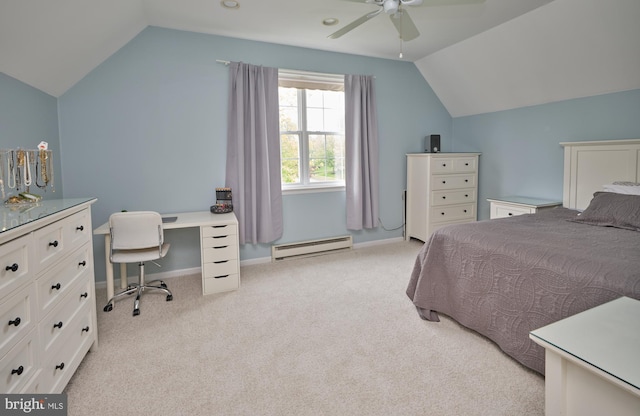 2056 Derbyshire Rd, Furlong, PA 18925 - bedroom featuring baseboard heating, lofted ceiling, light colored carpet, a ceiling fan, and baseboards