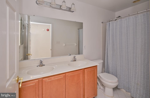 2056 Derbyshire Rd, Furlong, PA 18925 - full bathroom with double vanity, toilet, tile patterned floors, and curtained shower