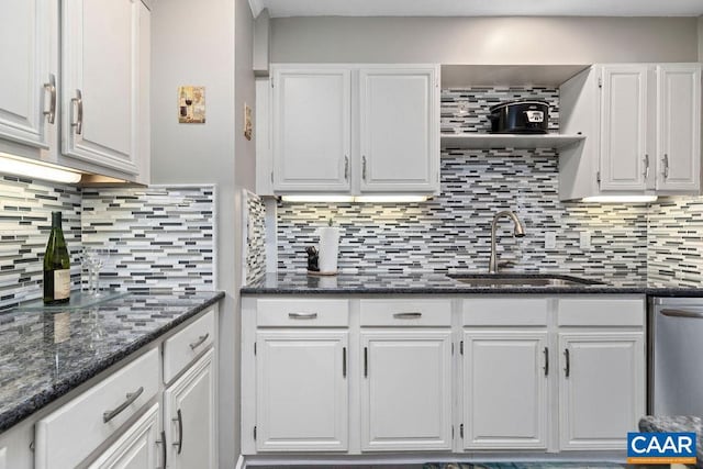 2070 Stone Rdg, Condos, Wintergreen, VA 22967 - kitchen featuring a sink, white cabinets, decorative backsplash, dishwasher, and dark stone countertops