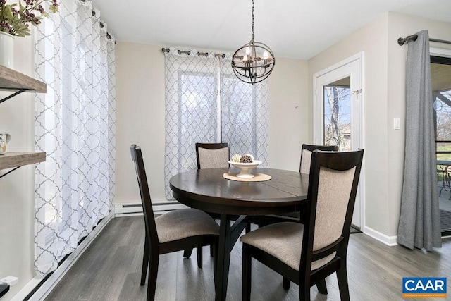 2070 Stone Rdg, Condos, Wintergreen, VA 22967 - dining room featuring wood finished floors, a chandelier, baseboards, and baseboard heating