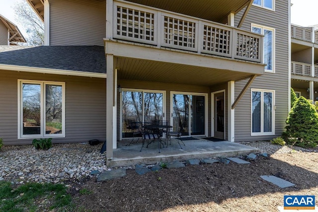 2070 Stone Rdg, Condos, Wintergreen, VA 22967 - back of property featuring a patio area, a balcony, and roof with shingles