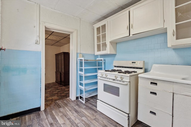 kitchen with gas range gas stove, light wood-type flooring, a paneled ceiling, glass insert cabinets, and light countertops