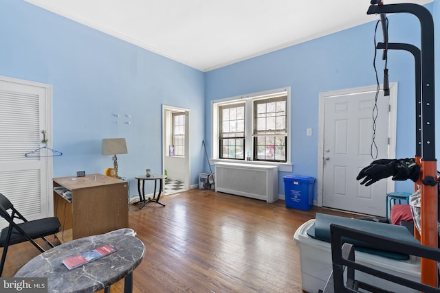 exercise room featuring radiator, wood finished floors, crown molding, and baseboards