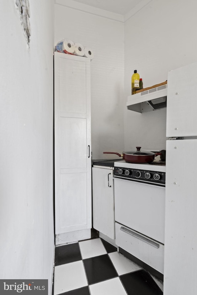 kitchen with light flooring, white appliances, under cabinet range hood, white cabinetry, and open shelves
