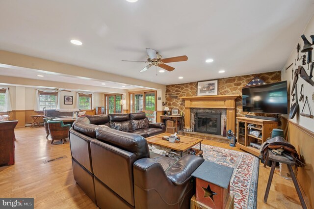 1 Locust Ln, Media, PA 19063 - living room with a ceiling fan, a fireplace, light wood finished floors, and recessed lighting